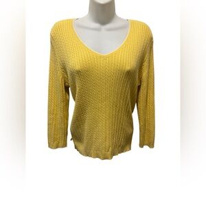 Lauren Ralph Lauren Cable Knit 100% Cotton V Neck Sweater Sz M Yellow White Trim